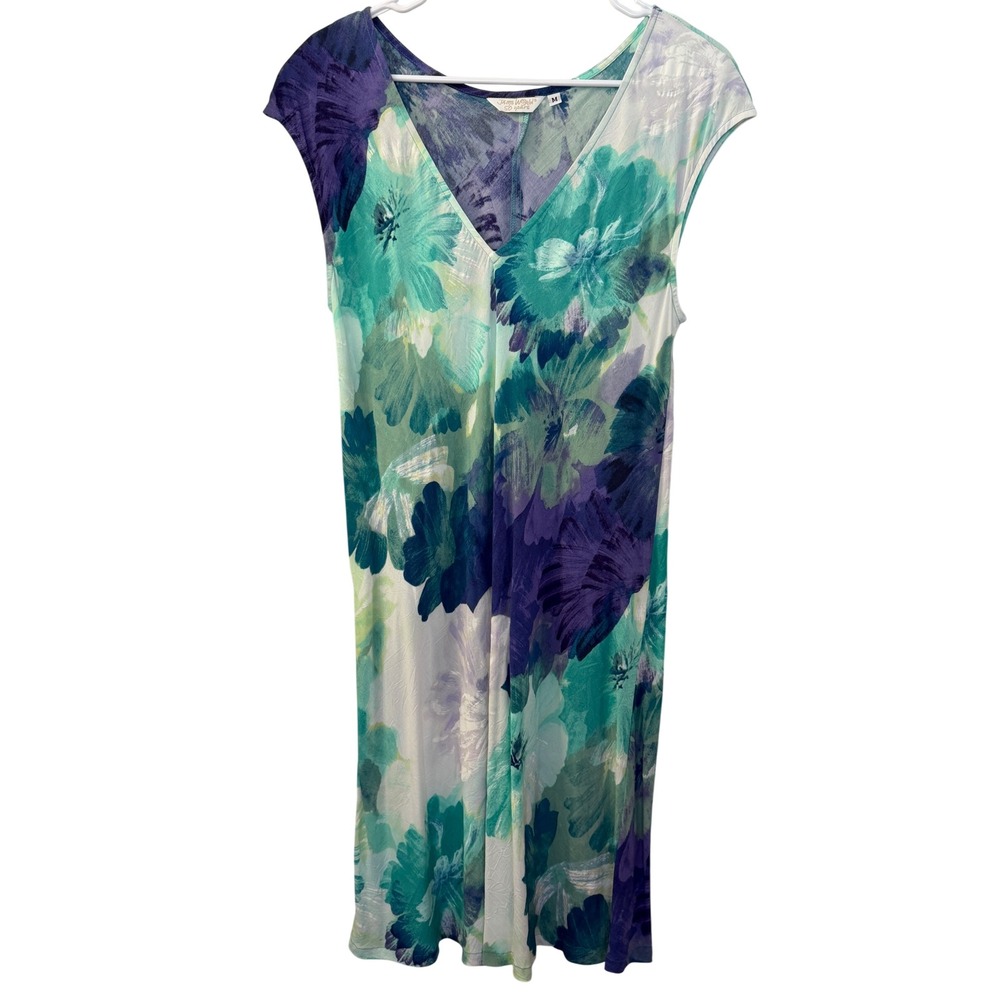 Jams World Blooming Floral Rayon V-Neck Dress Blue Purple Green M Resortwear